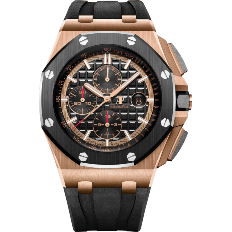 Royal Oak Offshore Selfwinding Chronograph 44MM Black Rubber Strap Black Dial With Mega Tapisserie Pattern 18-Carat Pink Gold Case Black Ceramic Bezel - Audemars Piguet