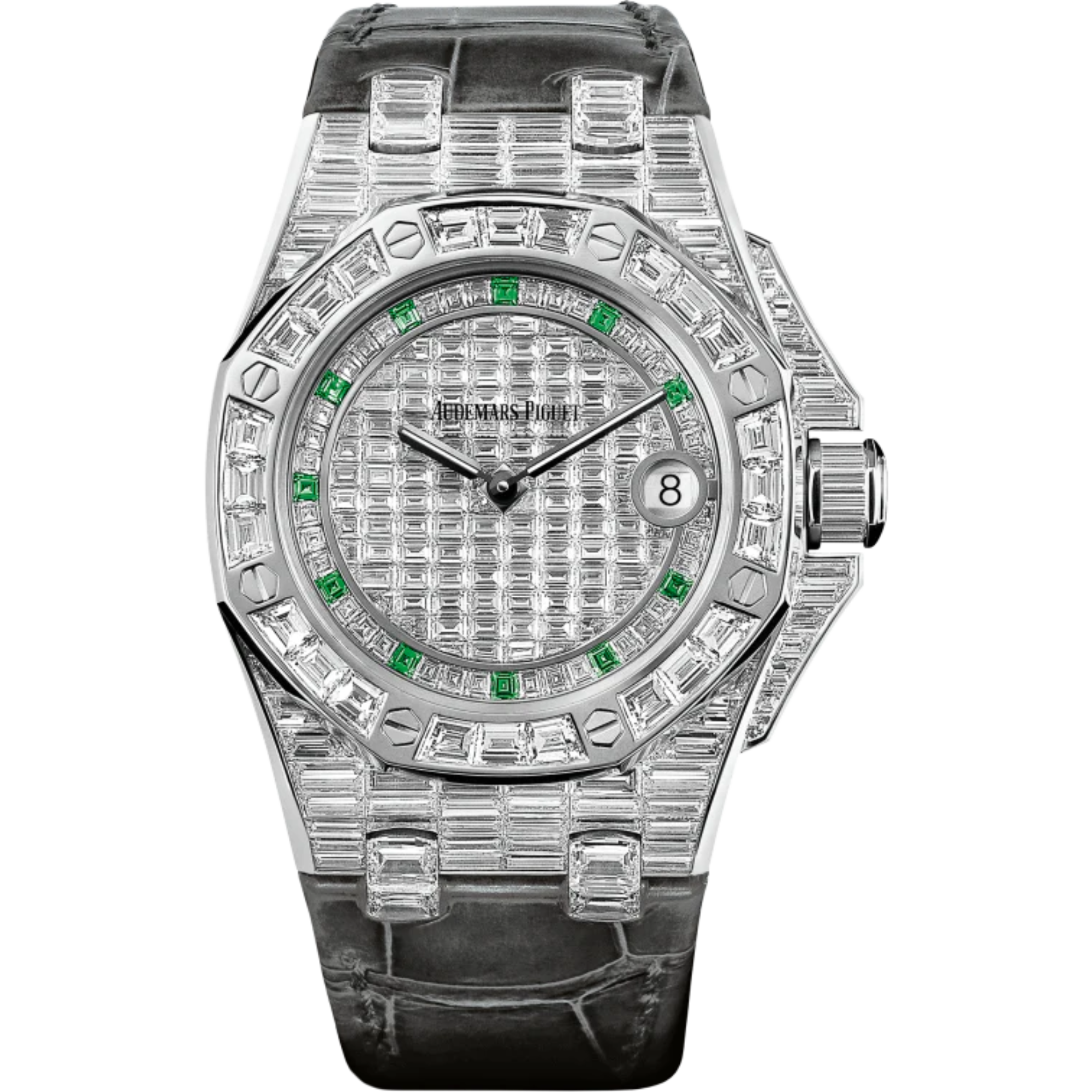 Royal Oak Offshore Quartz 37MM Black Alligator Strap 18-Carat White Gold Dial Paved With Baguette-Cut Diamonds 18-Carat White Gold Case, Entirely Set With Baguette-Cut Diamonds - Audemars Piguet