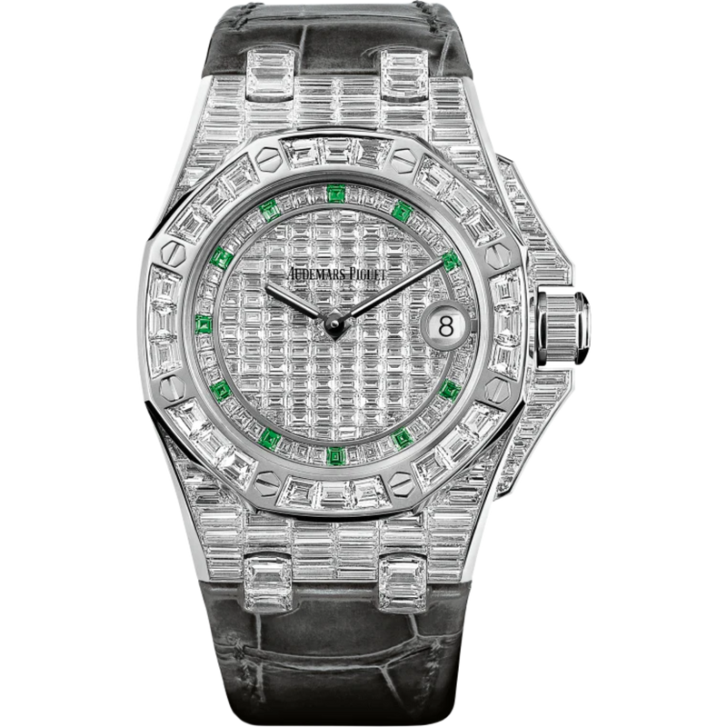 Royal Oak Offshore Quartz 37MM Black Alligator Strap 18-Carat White Gold Dial Paved With Baguette-Cut Diamonds 18-Carat White Gold Case, Entirely Set With Baguette-Cut Diamonds - Audemars Piguet