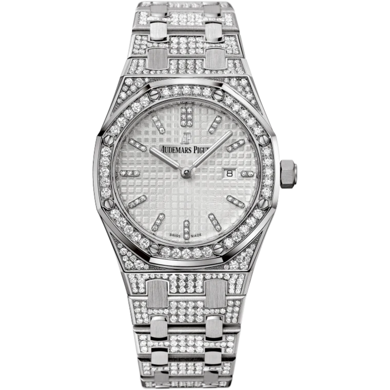Royal Oak Quartz 33MM 18-Carat White Gold Bracelet Set With Diamonds Silver-Toned Dial With Grande Tapisserie Pattern 18-Carat White Gold Case Set With Diamonds Diamond-Set Bezel - Audemars Piguet