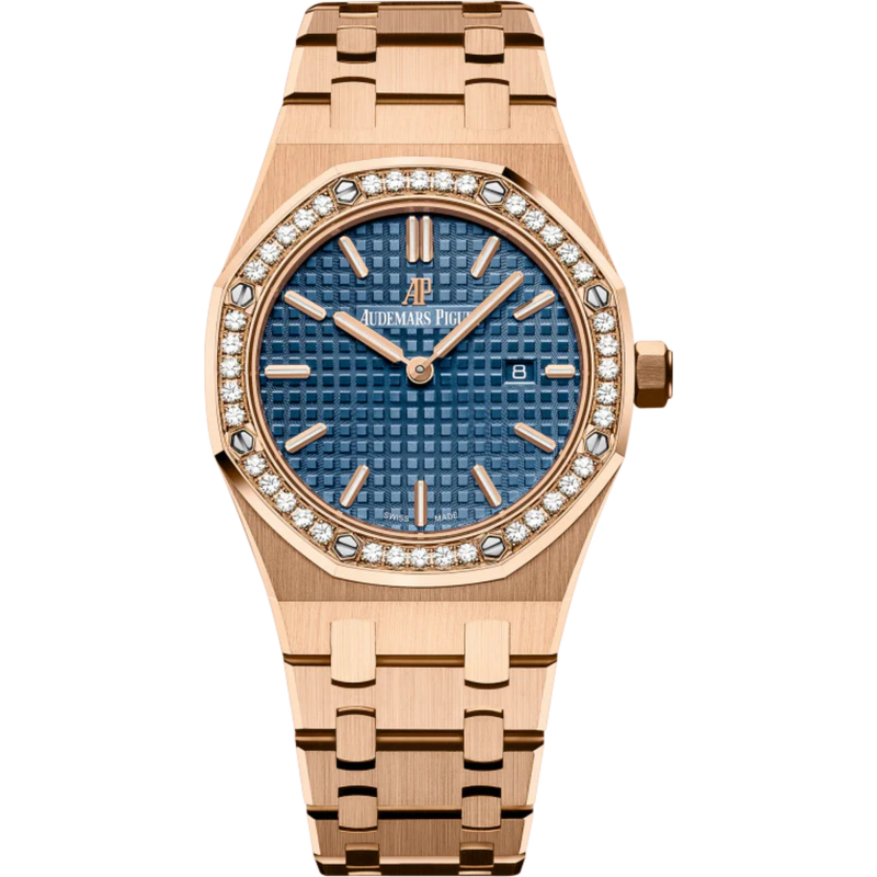 Royal Oak Quartz 33MM 18-Carat Pink Gold Bracelet Blue Dial With Grande Tapisserie Pattern 18-Carat Pink Gold Case - Audemars Piguet