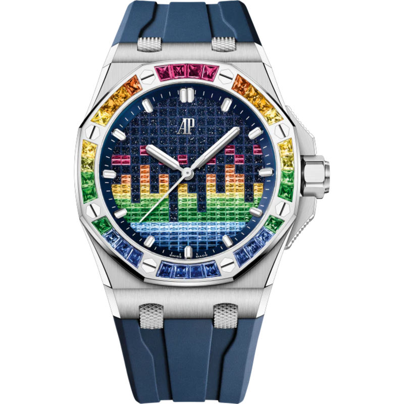 Royal Oak Offshore Selfwinding - Music Edition 43MM Blue Rubber Strap Blue Aventurine Dial With VU Meter Set With Gemstones 18-Carat White Gold Case Bezel Set With Red to Blue Baguette-Cut Gemstones - Audemars Piguet