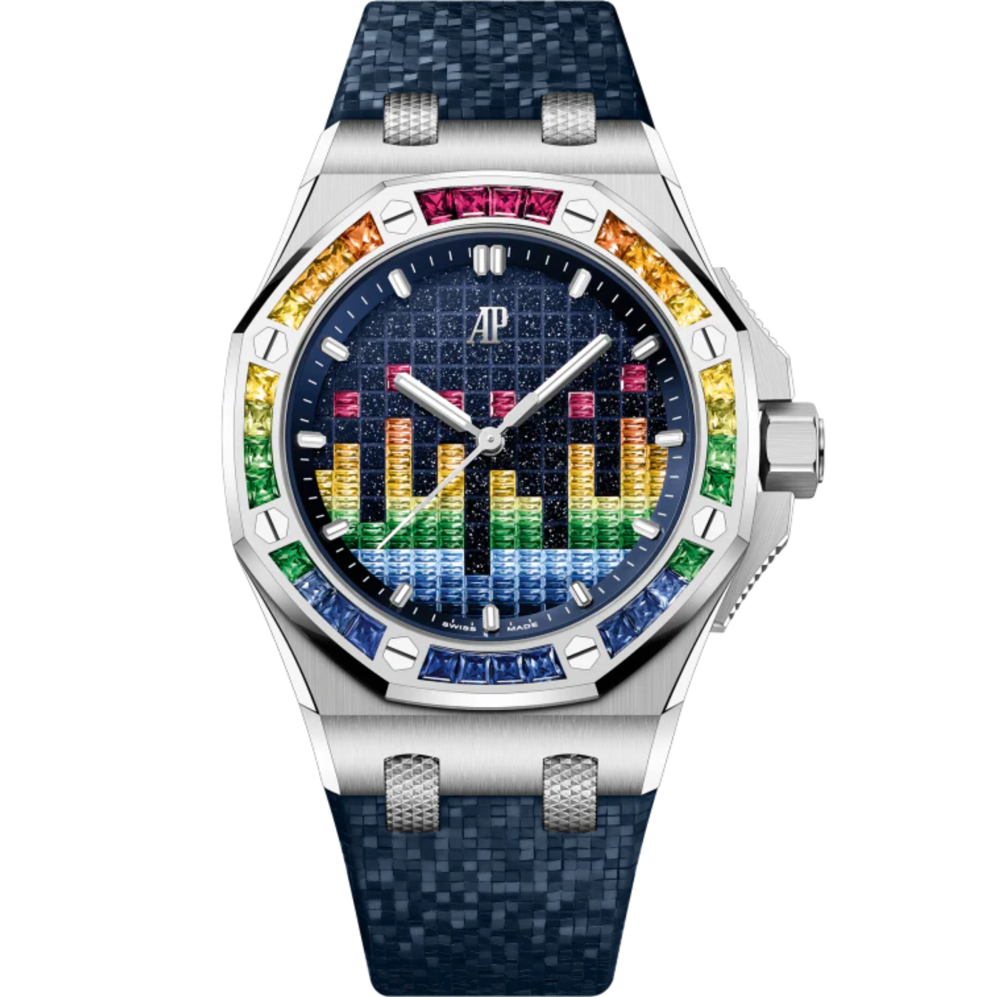 Royal Oak Offshore Selfwinding - Music Edition 37MM Blue Rubber Strap With Constellation Texture Blue Aventurine Dial With VU Meter Set With Coloured Gemstones 18-Carat White Gold Case Bezel Set With Red to Blue Baguette-Cut Gemstones - Audemars Piguet