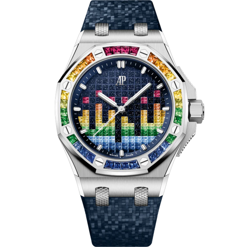 Royal Oak Offshore Selfwinding - Music Edition 37MM Blue Rubber Strap With Constellation Texture Blue Aventurine Dial With VU Meter Set With Coloured Gemstones 18-Carat White Gold Case Bezel Set With Red to Blue Baguette-Cut Gemstones - Audemars Piguet