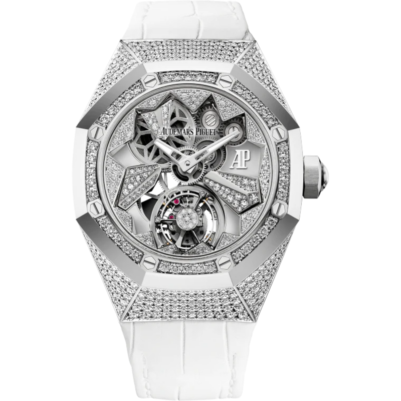 Royal Oak Concept 38.5mm Flying Tourbillon White Aligator Strap with 18-Carat White Gold Case Entirely Set Diamonds - Audemars Piguet