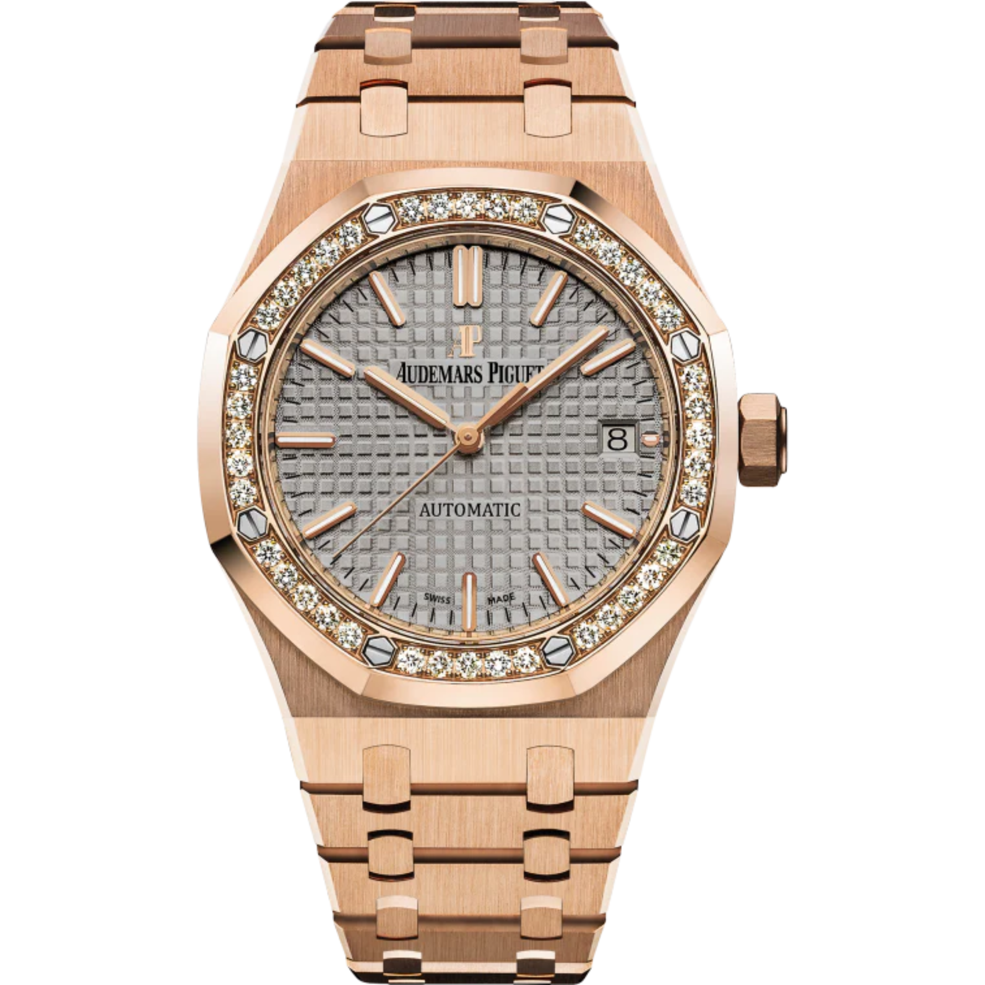 Royal Oak Selfwinding 37MM 18-Carat Pink Gold Bracelet Grey Nickel-Toned Dial With Grande Tapisserie Pattern 18-Carat Pink Gold Case Diamond-Set Bezel - Audemars Piguet