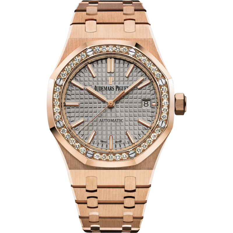 Royal Oak Selfwinding 37MM 18-Carat Pink Gold Bracelet Grey Nickel-Toned Dial With Grande Tapisserie Pattern 18-Carat Pink Gold Case Diamond-Set Bezel - Audemars Piguet