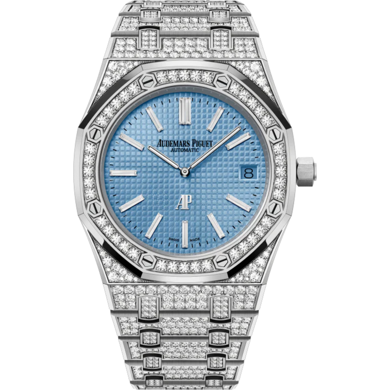 Royal Oak Jumbo Extra-Thin 39MM Diamond-Set 18-Carat White Gold Bracelet Light Blue Dial With Petite Tapisserie Pattern 18-Carat White Gold Case Set With Brillant-Cut Diamonds - Audemars Piguet