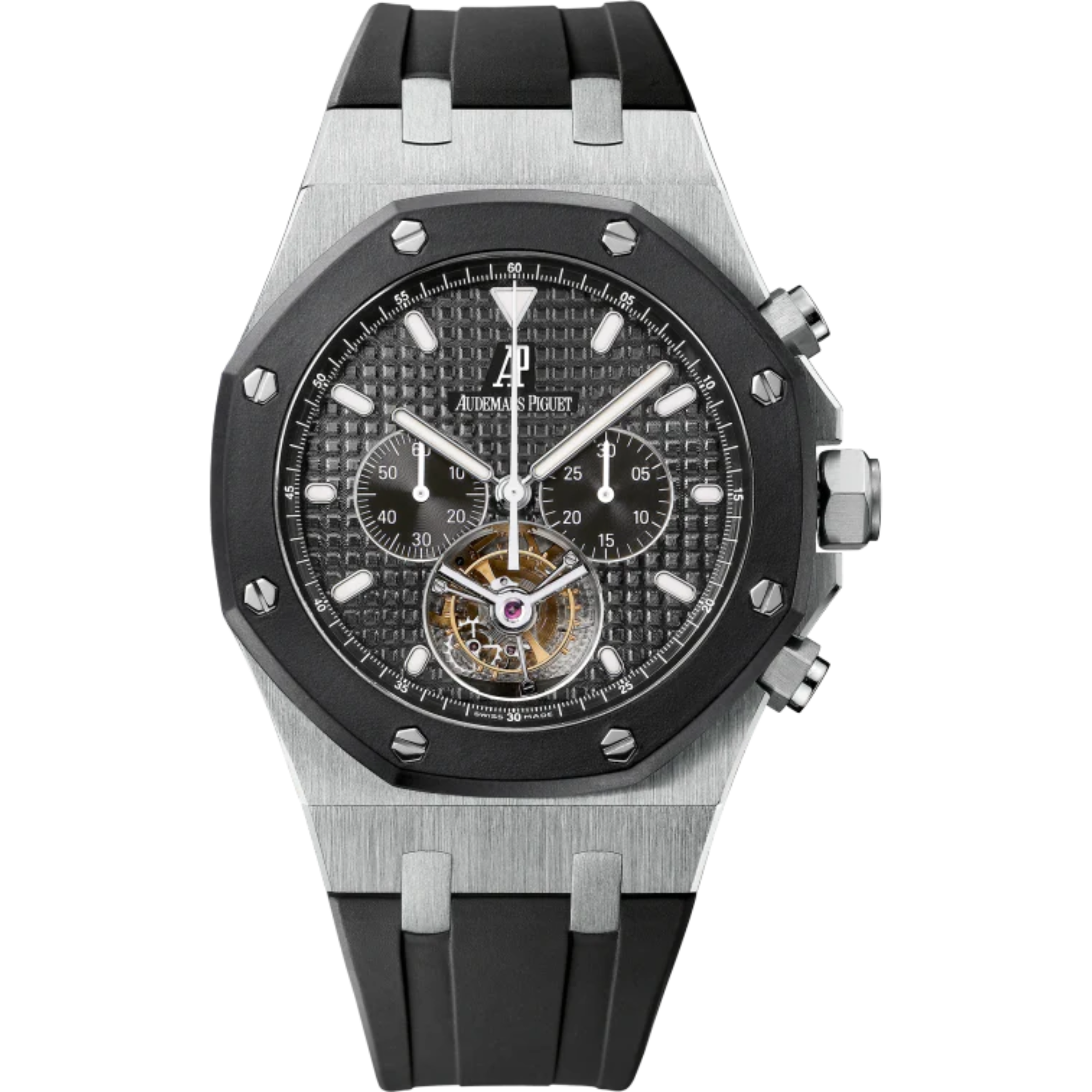 Royal Oak Tourbillon Chronograph 44MM Black Rubber Strap Black Dial With Grande Tapisserie Pattern Stainless Steel Case - Audemars Piguet