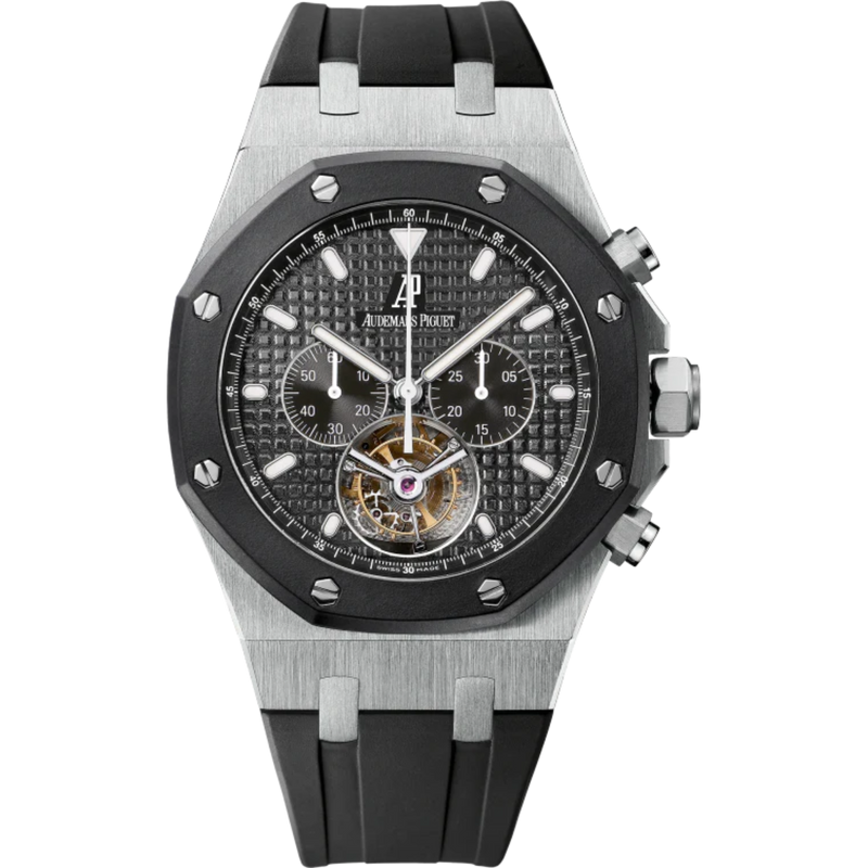 Royal Oak Tourbillon Chronograph 44MM Black Rubber Strap Black Dial With Grande Tapisserie Pattern Stainless Steel Case - Audemars Piguet