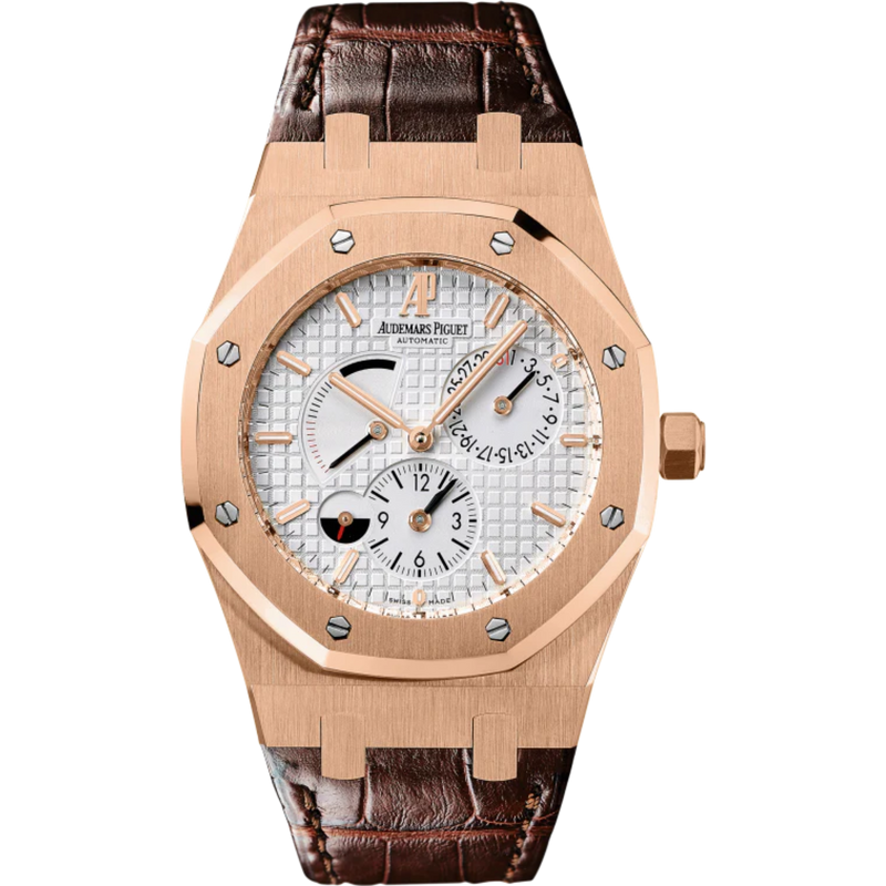 Royal Oak Dual Time 39MM Brown Alligator Strap Silver-Toned Dial With Grande Tapisserie Pattern 18-Carat Pink Gold Case - Audemars Piguet