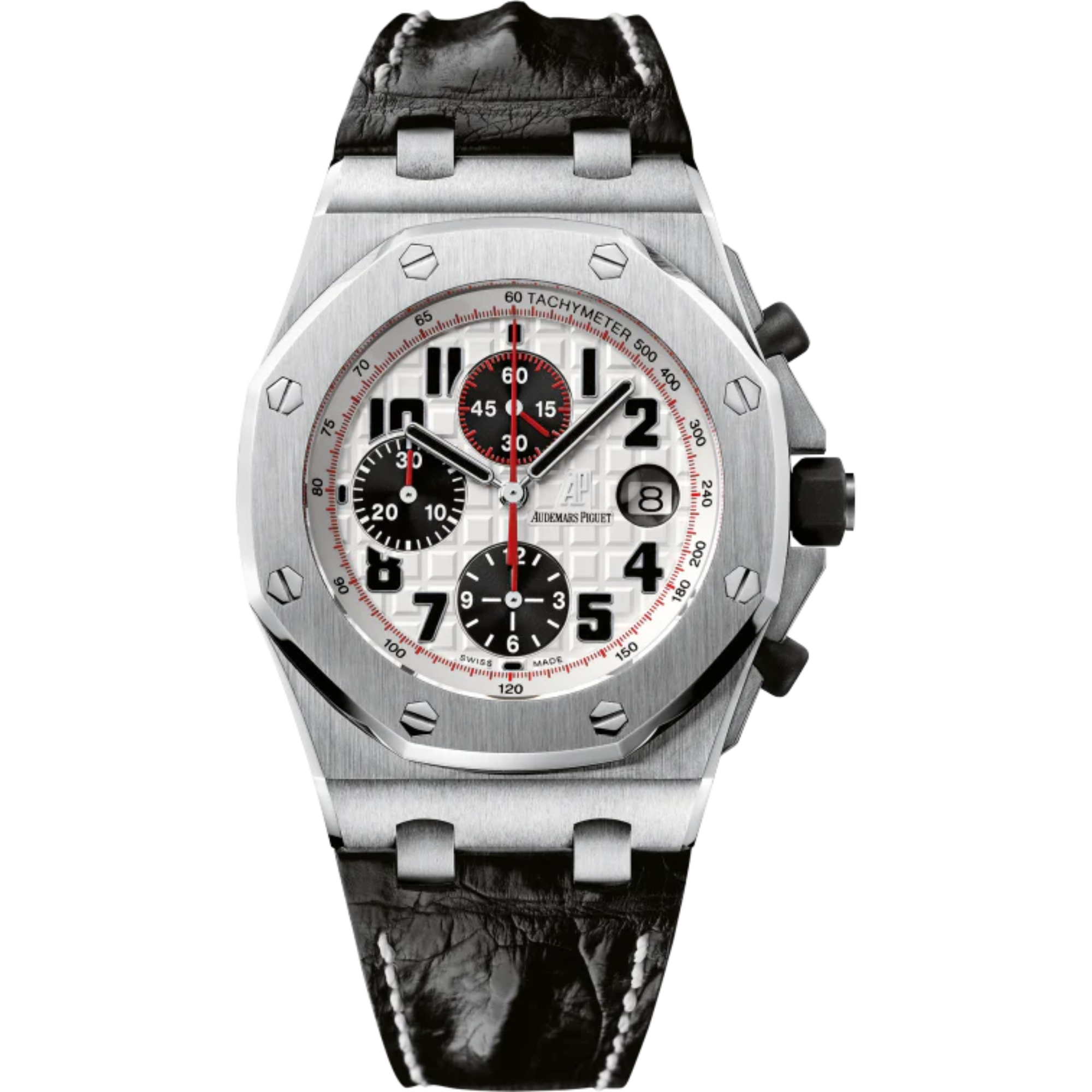 Royal Oak Offshore Chronograph 42MM Black Leather Strap Silvered Dial With Méga Tapisserie Pattern Stainless Steel Case - Audemars Piguet