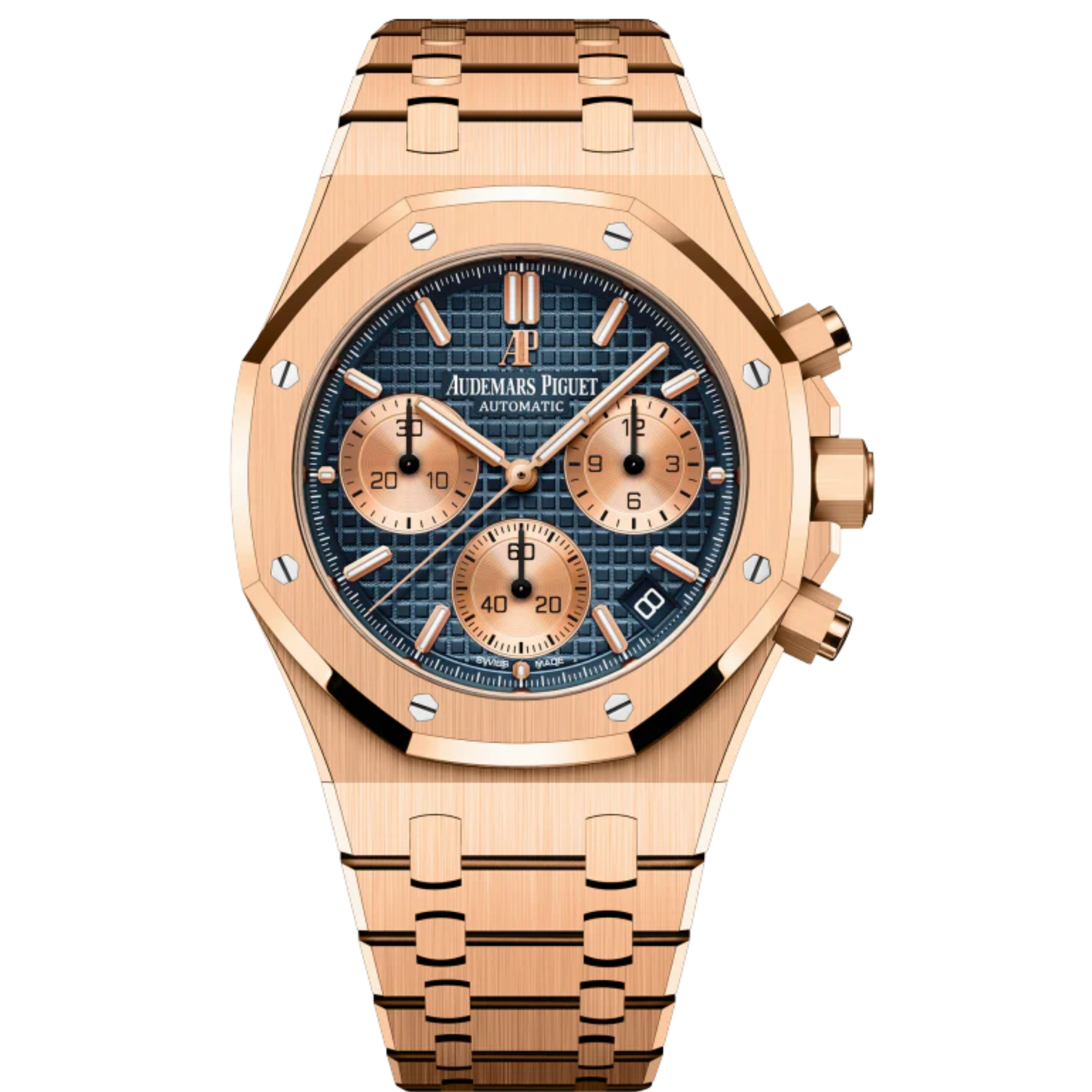 Royal Oak Selfwinding Chronograph 41MM 18-Carat Pink Gold Bracelet Blue Dial With Grande Tapisserie Pattern 18-Carat Pink Gold Case - Audemars Piguet