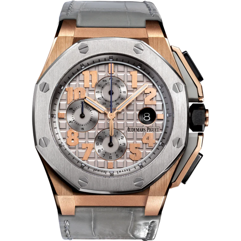 Royal Oak Offshore Chronograph Lebron James 44MM Grey Alligator Strap Grey Dial With Méga Tapisserie Pattern 18-Carat Pink Gold Case - Audemars Piguet