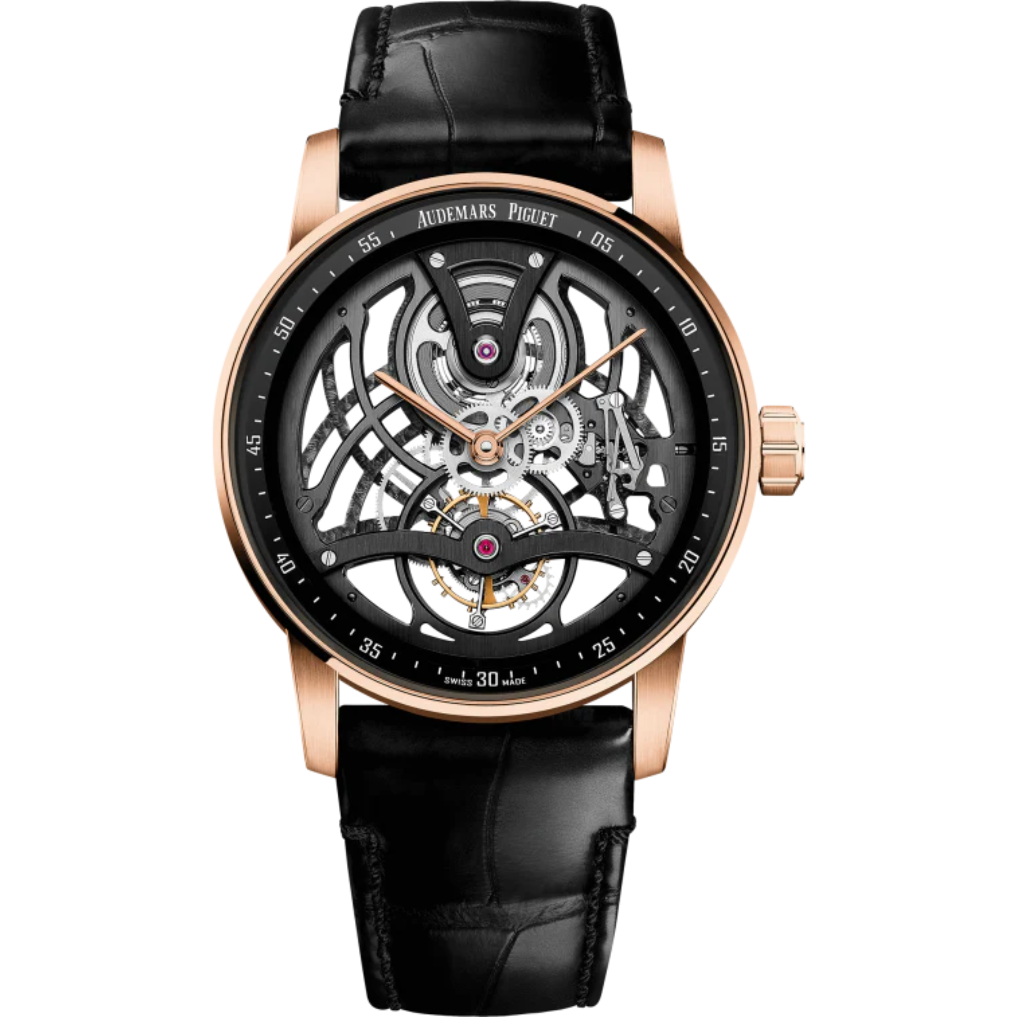 Code 11.59 by Audemars Piguet 41mm Black Alligator Strap Lacquered Black Inner Bezel Openworked Dial Pink Gold Bezel - Audemars Piguet