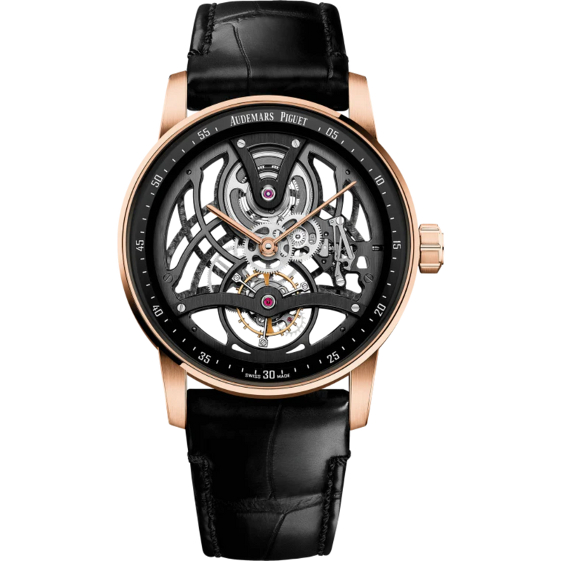 Code 11.59 by Audemars Piguet 41mm Black Alligator Strap Lacquered Black Inner Bezel Openworked Dial Pink Gold Bezel - Audemars Piguet