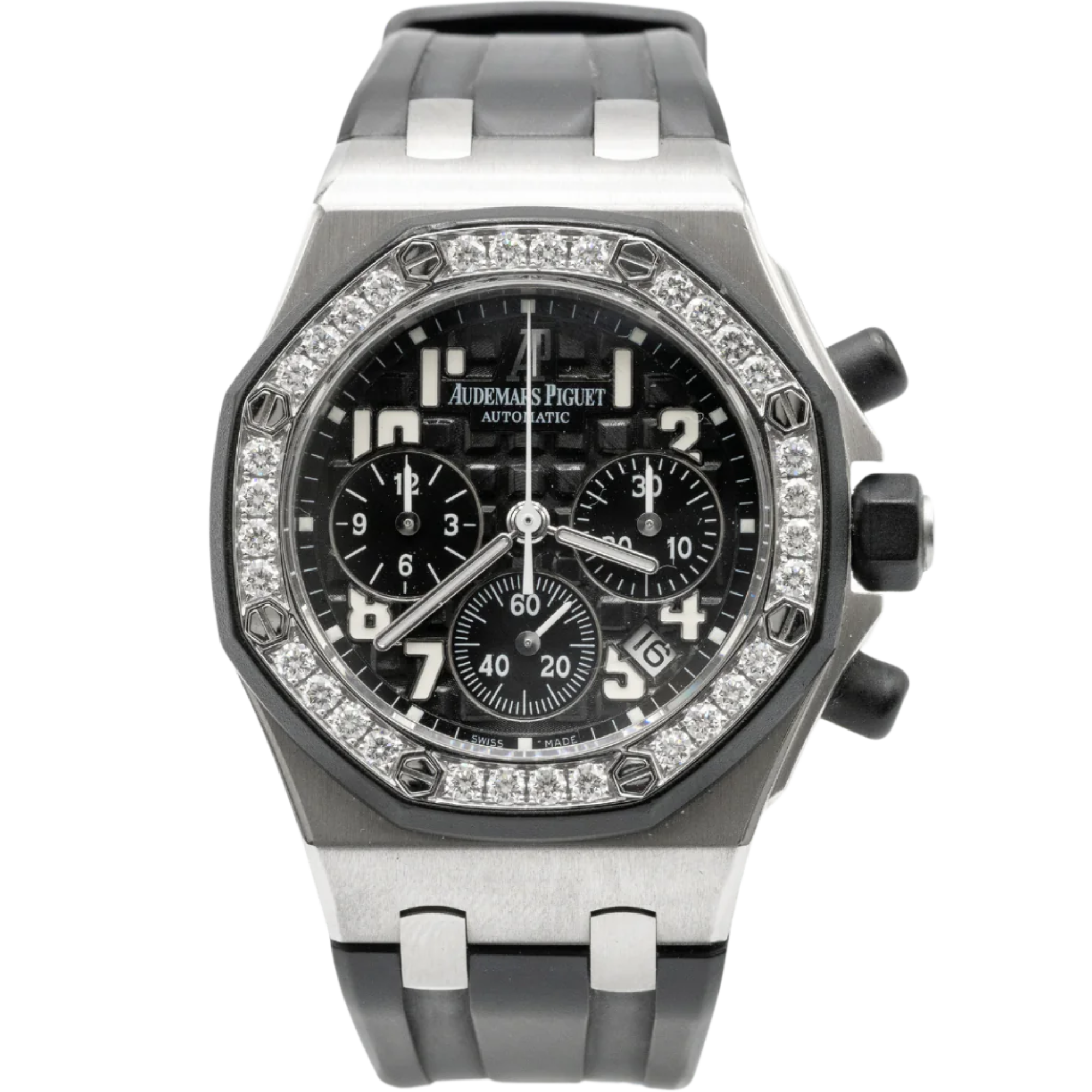 Royal Oak Offshore Chronograph 37MM Black Rubber Strap Black Dial With Méga Tapisserie Pattern Stainless Steel Case Diamond-Set Bezel - Audemars Piguet