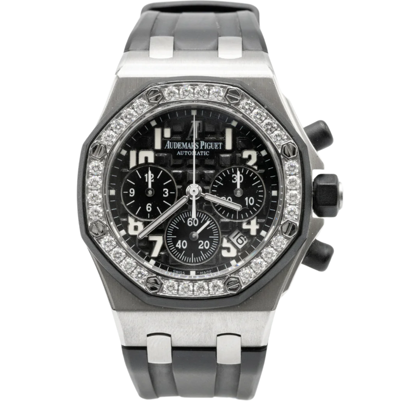 Royal Oak Offshore Chronograph 37MM Black Rubber Strap Black Dial With Méga Tapisserie Pattern Stainless Steel Case Diamond-Set Bezel - Audemars Piguet