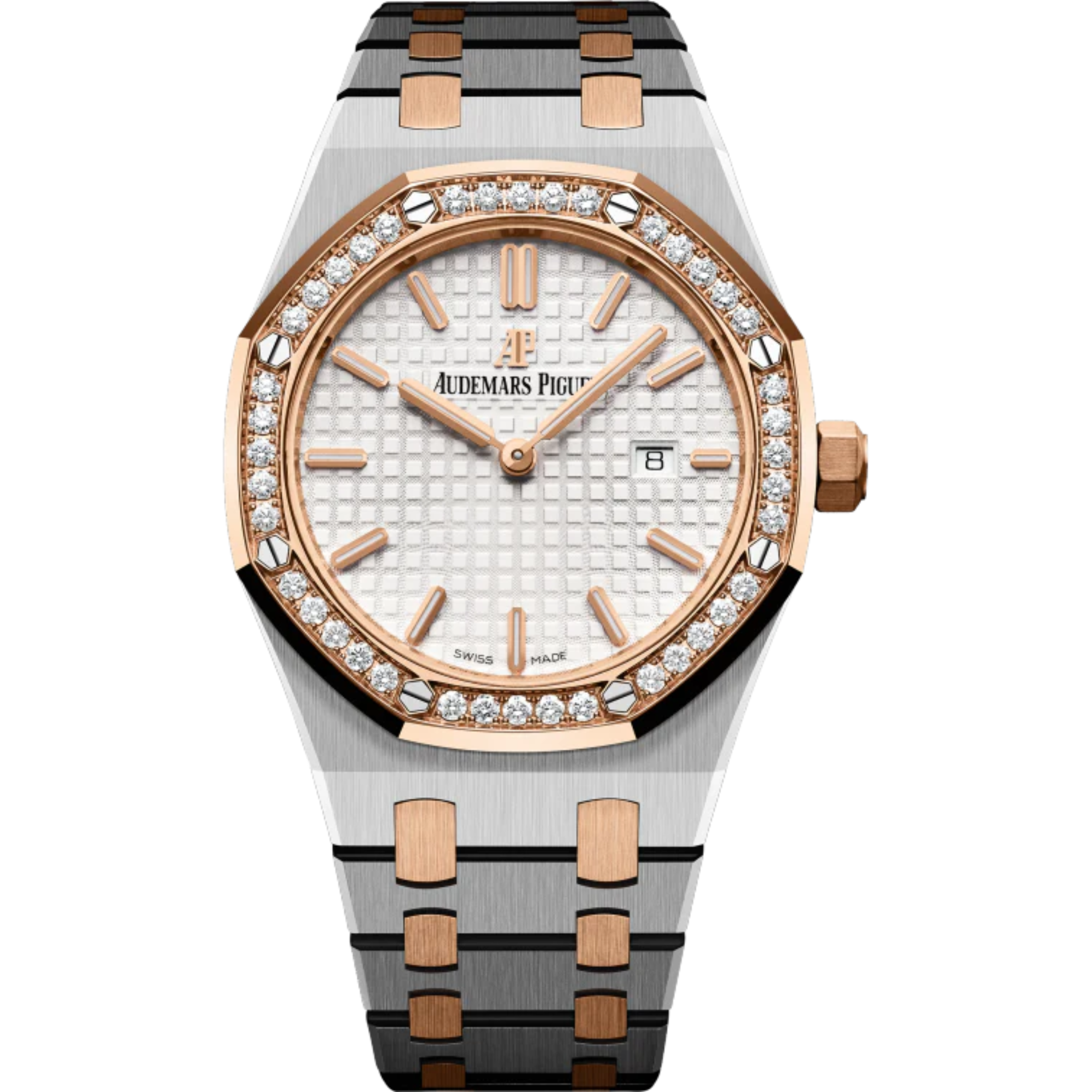 Royal Oak Quartz 33MM Stainless Steel and 18-Carat Pink Gold Bracelet Silver-Toned Dial With Grande Tapisserie Pattern Stainless Steel Case 18-Carat Pink Gold Bezel - Audemars Piguet