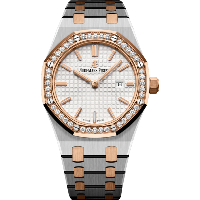 Royal Oak Quartz 33MM Stainless Steel and 18-Carat Pink Gold Bracelet Silver-Toned Dial With Grande Tapisserie Pattern Stainless Steel Case 18-Carat Pink Gold Bezel - Audemars Piguet