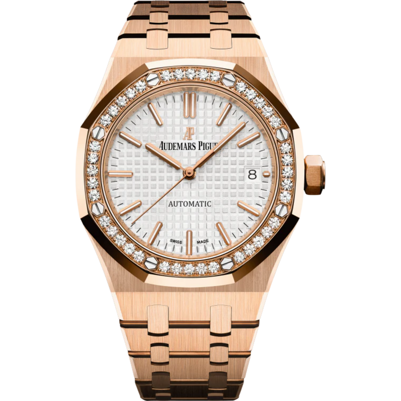 Royal Oak Selfwinding 37MM 18-Carat Rose Gold Bracelet Silver-Toned Dial With Grande Tapisserie Pattern 18-Carat Rose Gold Case Rose Gold Diamond-Set Bezel - Audemars Piguet