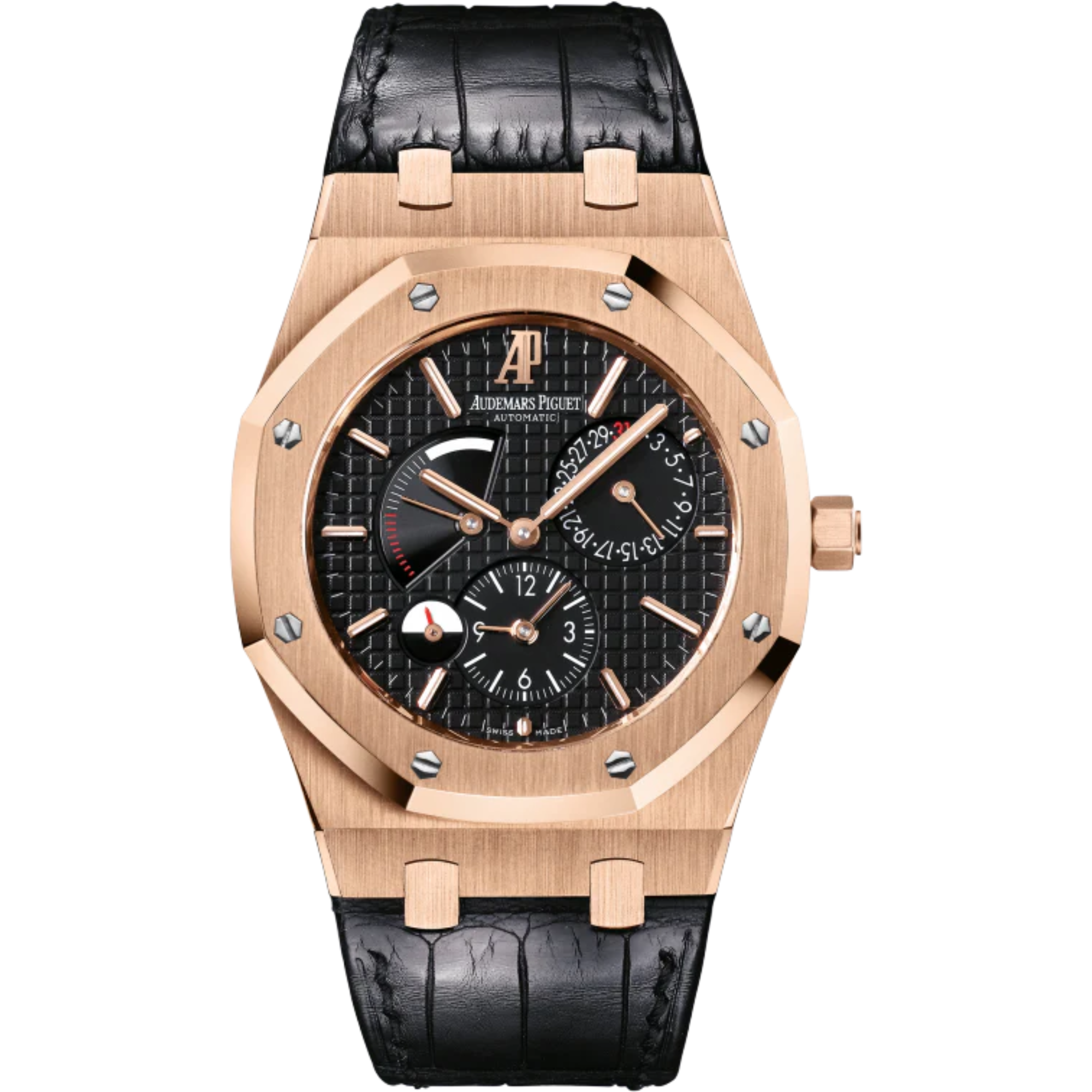 Royal Oak Dual Time 39MM Black Alligator Strap Black Dial With Grande Tapisserie Pattern 18-Carat Pink Gold Case - Audemars Piguet