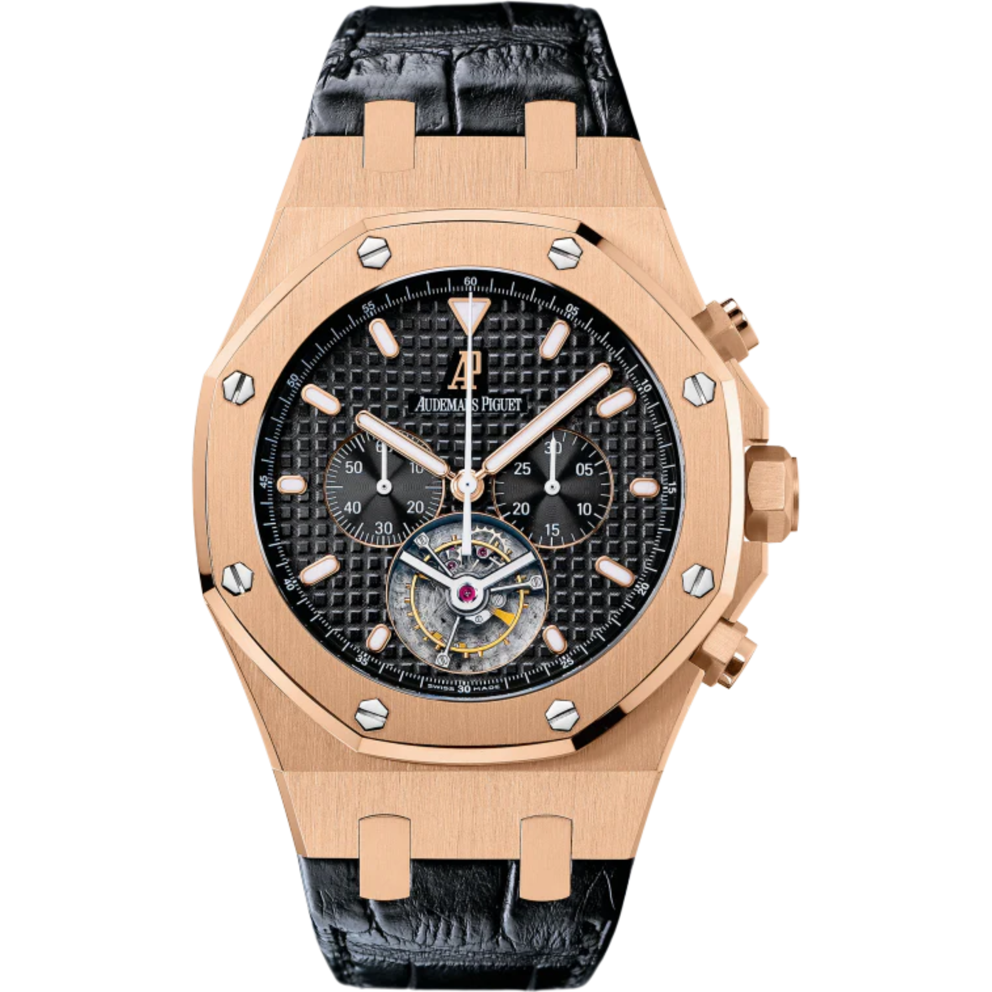 Royal Oak Tourbillon Chronograph 44MM Black Alligator Strap Black Dial With Grande Tapisserie Pattern 18-Carat Pink Gold Case - Audemars Piguet
