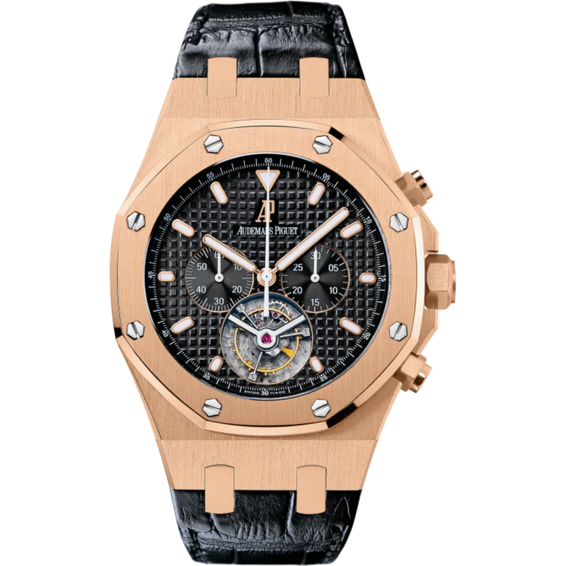 Royal Oak Tourbillon Chronograph 44MM Black Alligator Strap Black Dial With Grande Tapisserie Pattern 18-Carat Pink Gold Case - Audemars Piguet