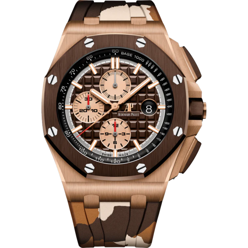 Royal Oak Offshore Selfwinding Chronograph 44MM Brown Camouflage Rubber Strap Brown Dial With Méga Tapisserie Pattern 18-Carat Pink Gold Case Brown Ceramic Bezel - Audemars Piguet