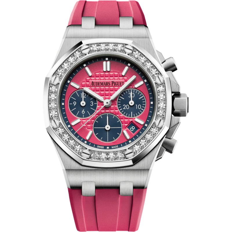 Royal Oak Offshore Selfwinding Chronograph 37MM Pink Rubber Strap Pink Dial With Lady Tapisserie Pattern Stainless Steel Case Diamond-Set Bezel - Audemars Piguet