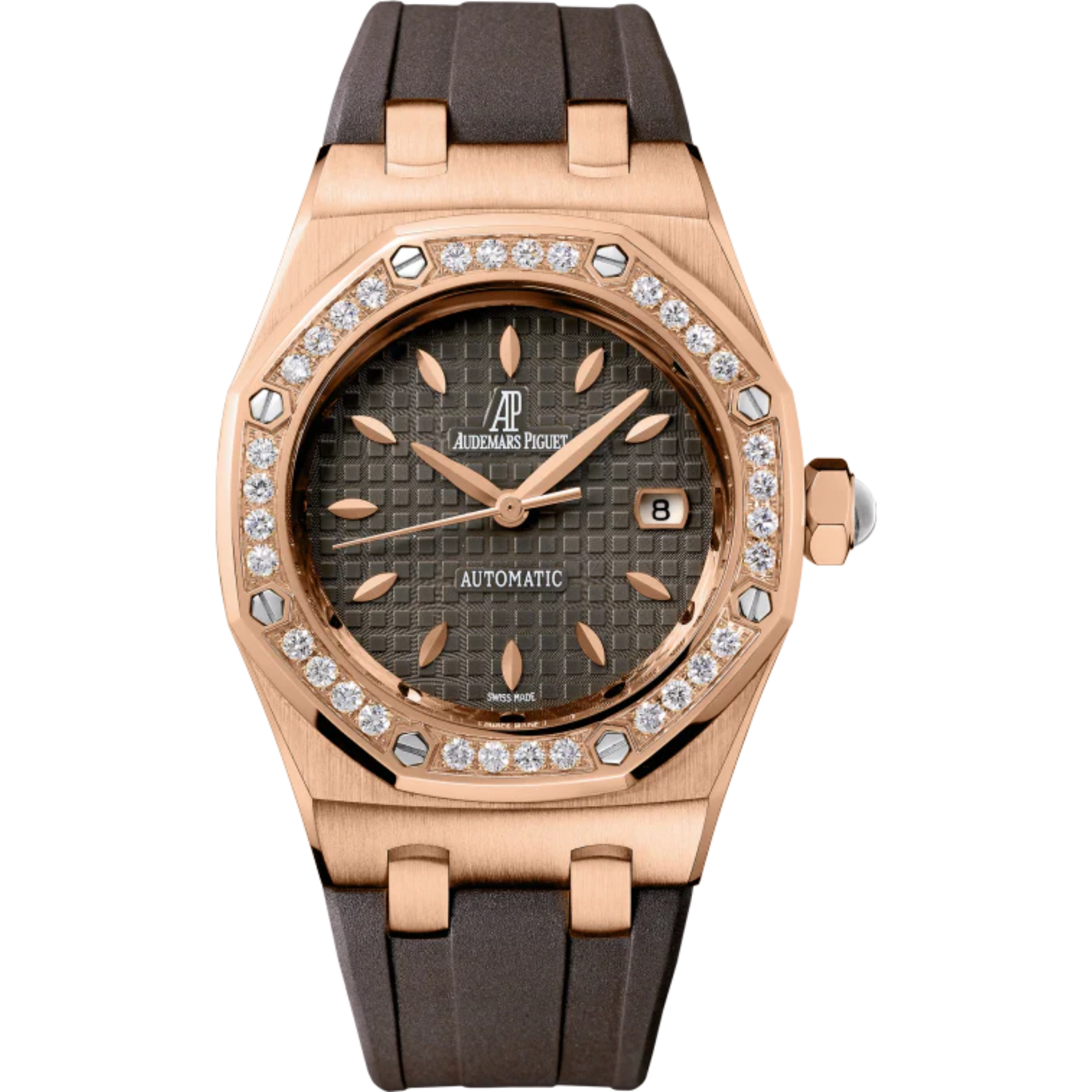 Royal Oak Selfwinding 33MM Brown Rubber Strap Brown Dial With Grande Tapisserie Pattern 18-Carat Pink Gold Case Bezel Set With Brilliant-Cut Diamonds - Audemars Piguet