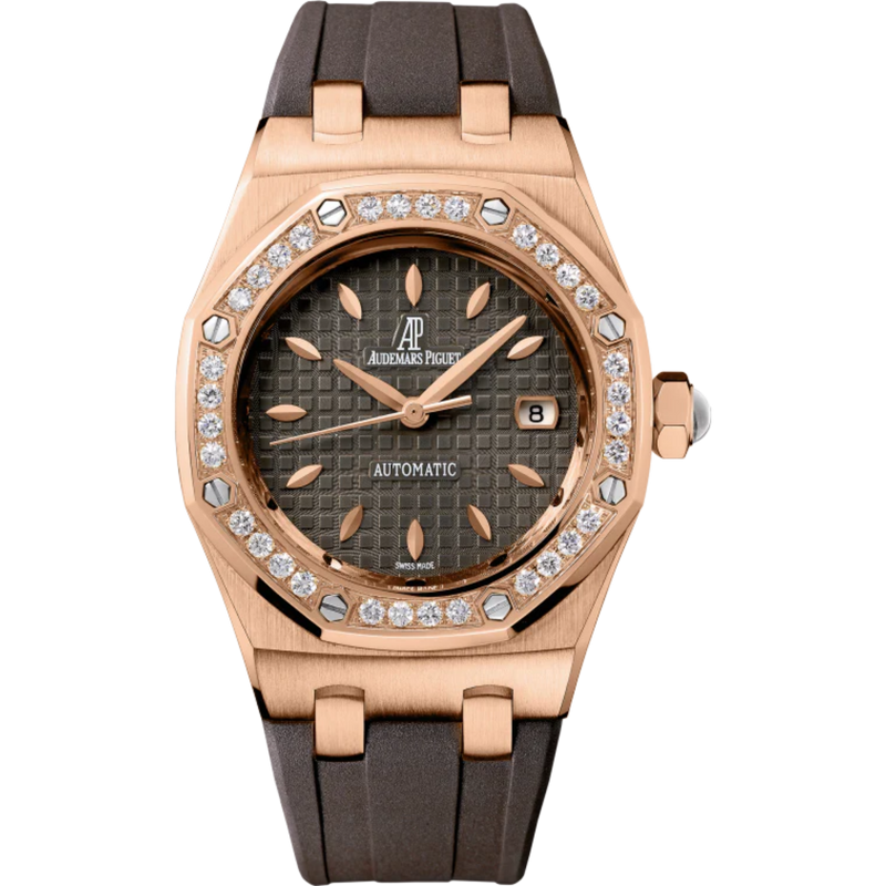 Royal Oak Selfwinding 33MM Brown Rubber Strap Brown Dial With Grande Tapisserie Pattern 18-Carat Pink Gold Case Bezel Set With Brilliant-Cut Diamonds - Audemars Piguet