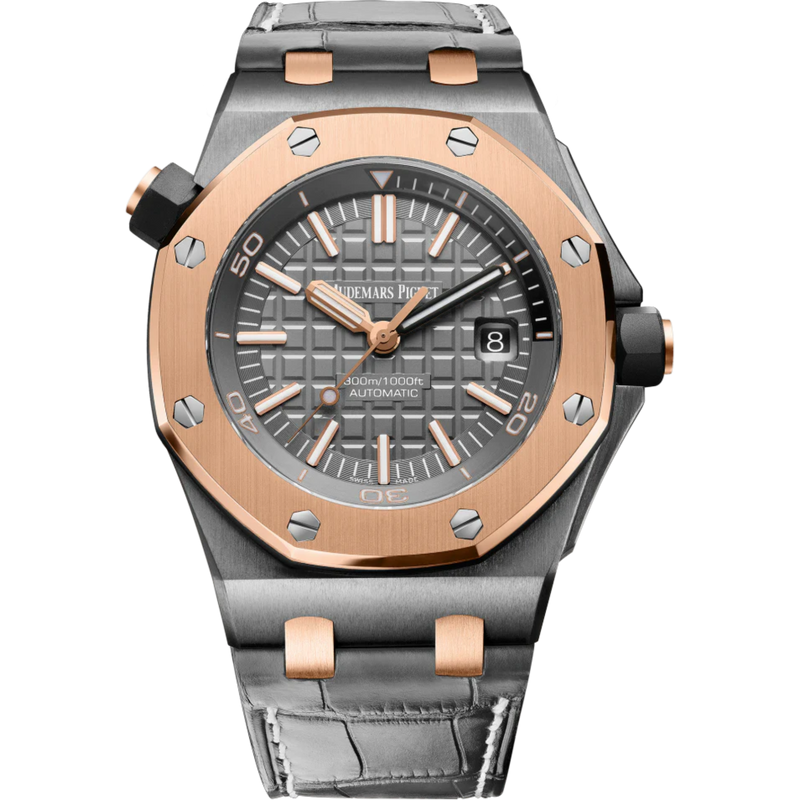 Royal Oak Offshore Diver Qe II Cup 2014 42MM Grey Alligator Strap Slate Grey Dial With Méga Tapisserie Pattern Tantalum Case 18-Carat Pink Gold Bezel - Audemars Piguet