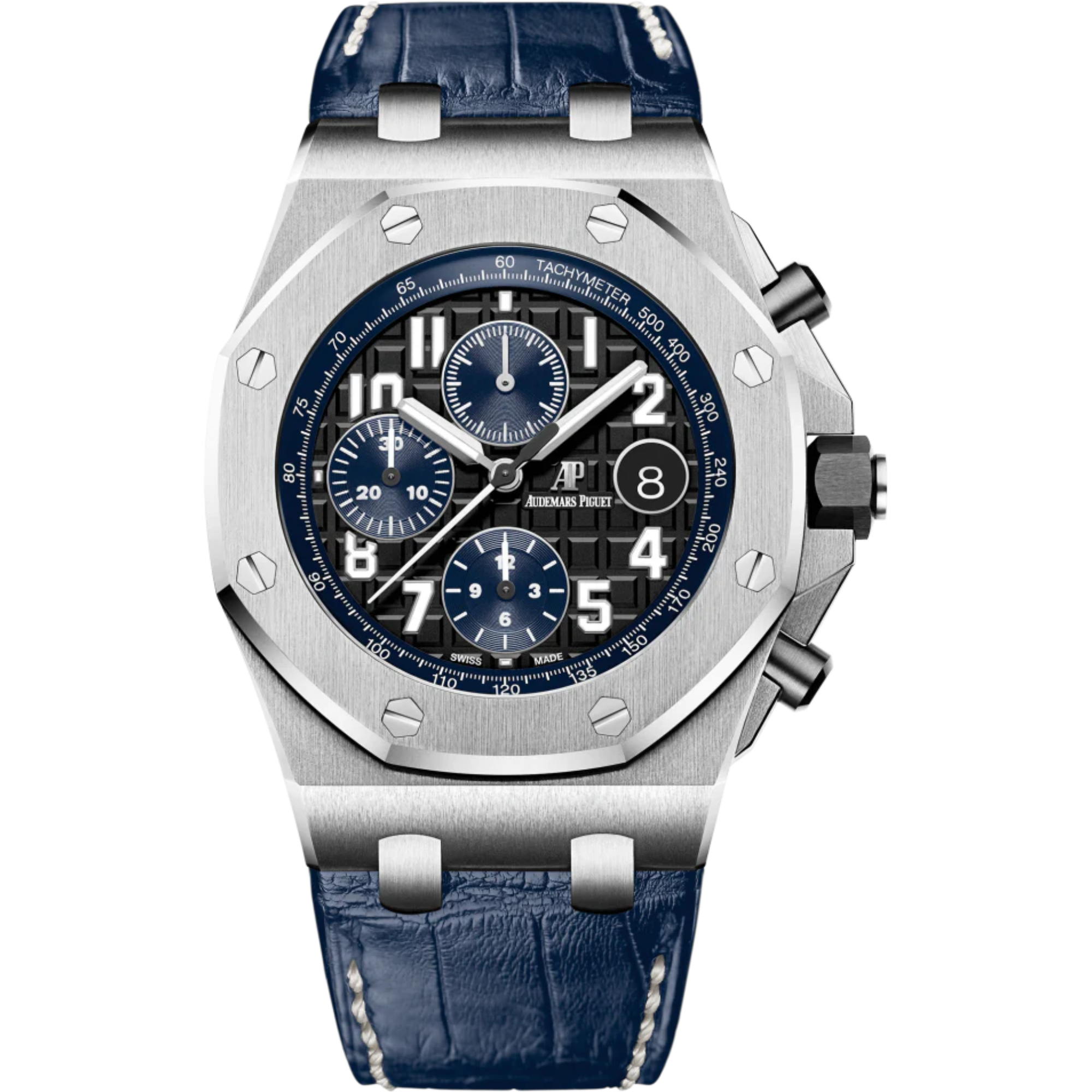 Royal Oak Offshore Chronograph 42MM Blue Alligator Strap Black Dial With Méga Tapisserie Pattern Stainless Steel Case - Audemars Piguet