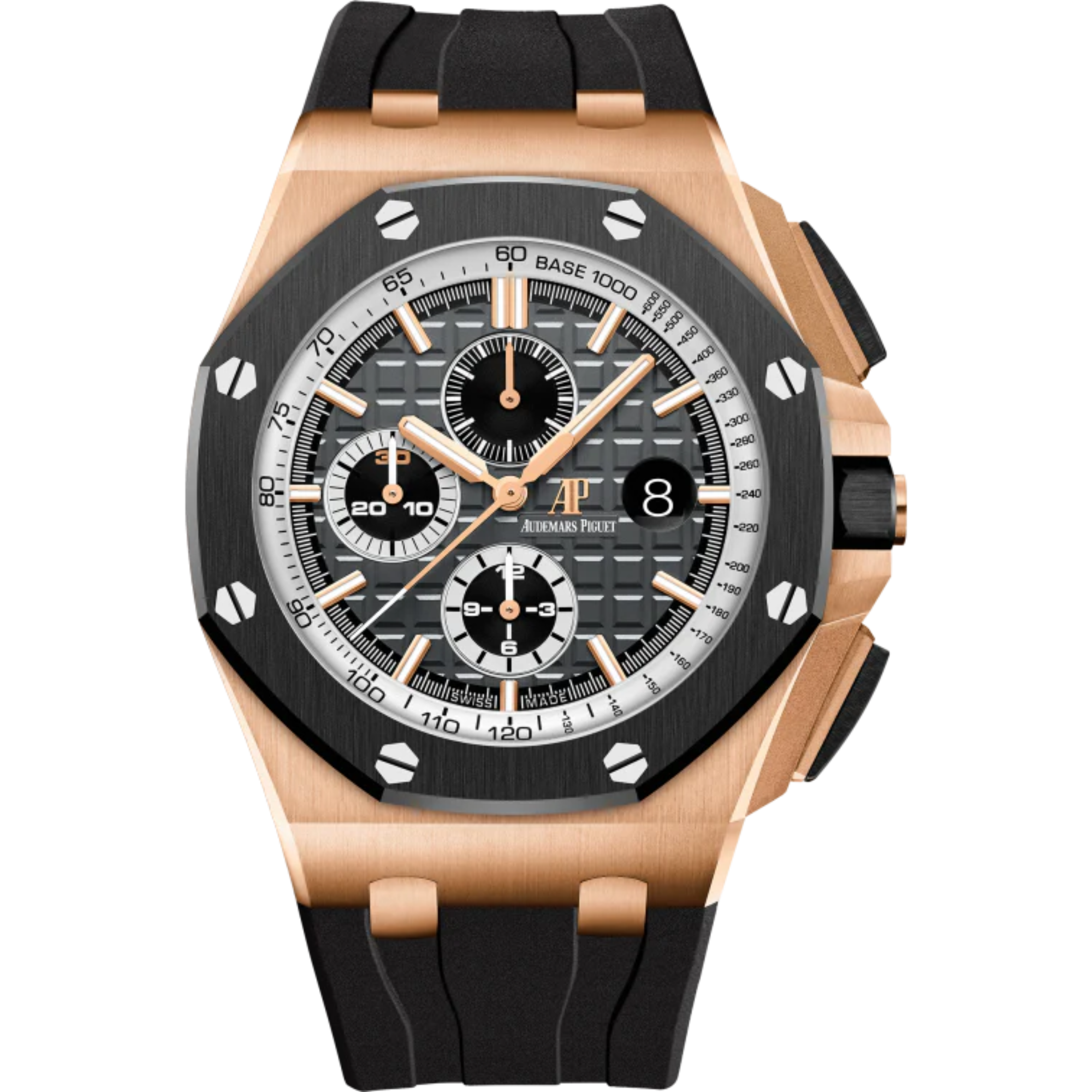 Royal Oak Offshore Chronograph 44MM Black Rubber Strap Black and White Dial With Méga Tapisserie Pattern 18-Carat Pink Gold Case Black Ceramic Bezel - Audemars Piguet