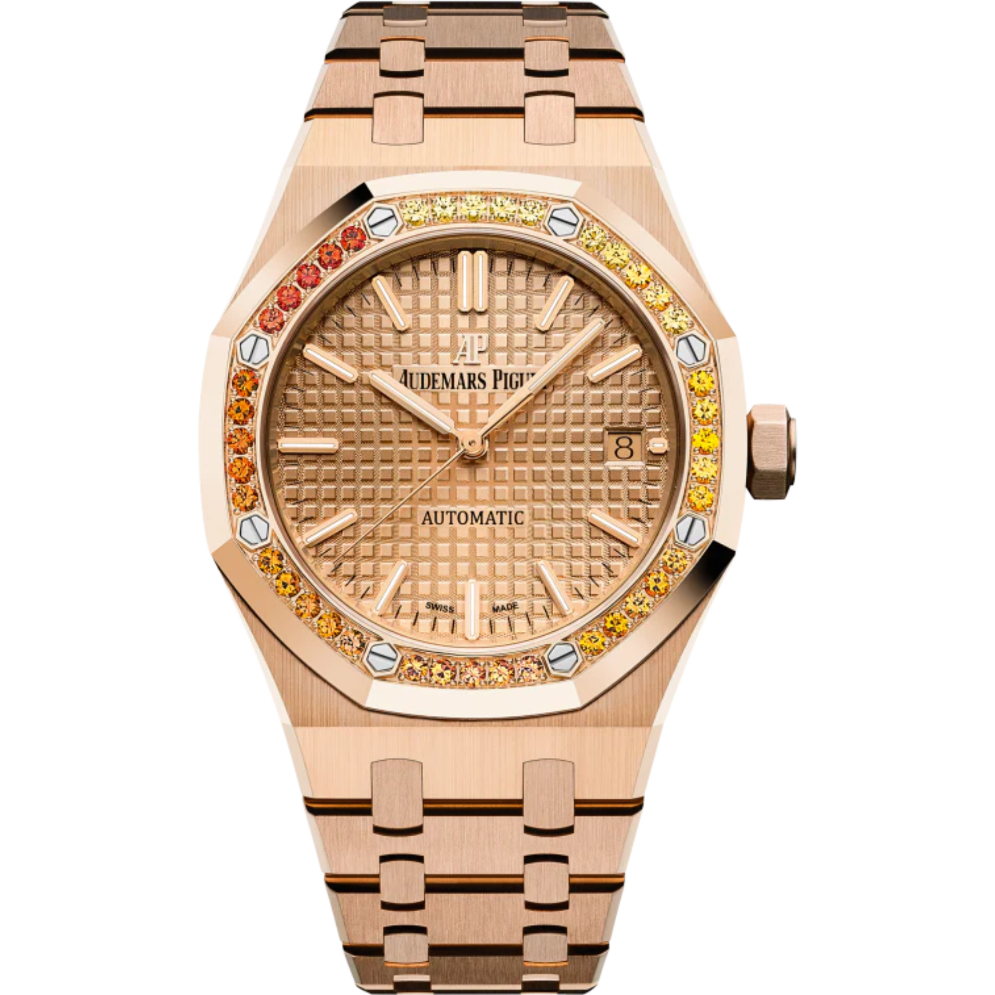 Royal Oak Selfwinding 37MM 18-Carat Pink Gold Bracelet Pink Gold-Toned Dial With Grande Tapisserie Pattern 18-Carat Pink Gold Case Bezel Set With Orange Sapphires - Audemars Piguet