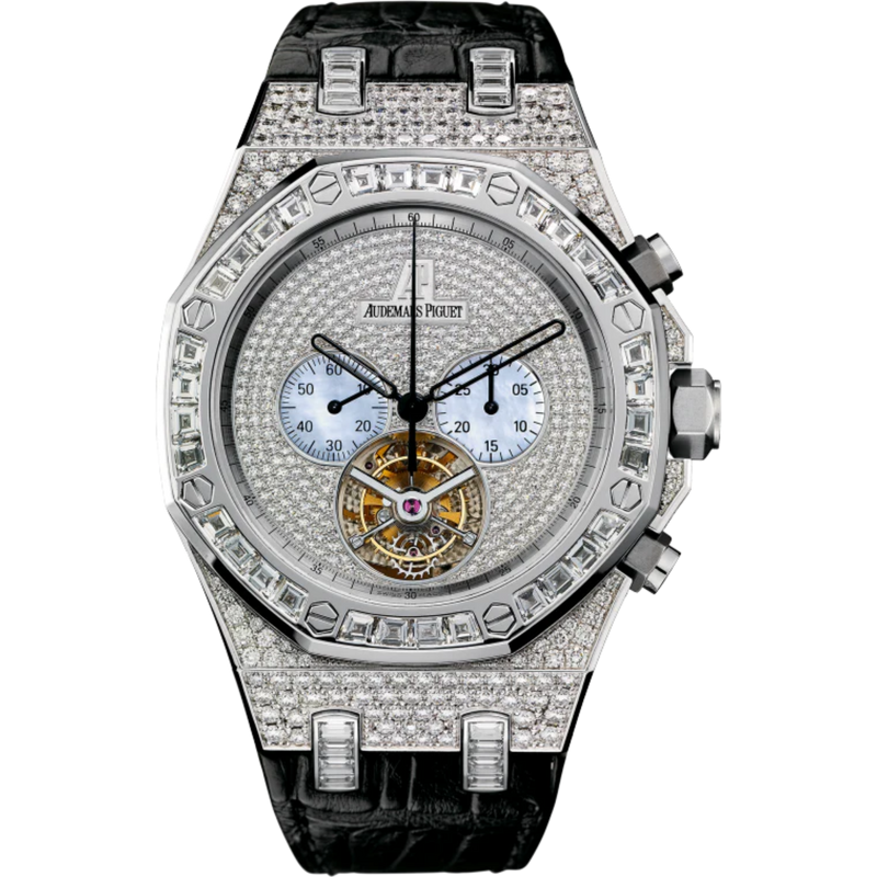 Royal Oak Tourbillon Chronograph 44MM Black Alligator Strap Diamond-Paved Dial 18-Carat White Gold Case Entirely Set With Diamonds - Audemars Piguet