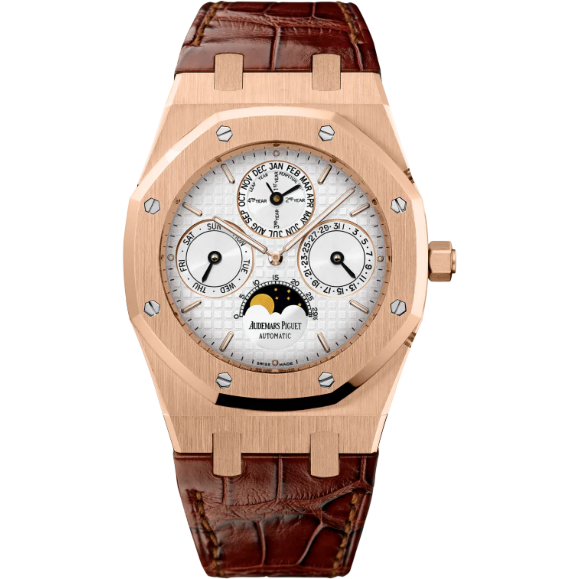 Royal Oak Perpetual Calendar 39MM Brown Alligator Strap Silver-Toned Dial With Grande Tapisserie Pattern 18-Carat Pink Gold Case - Audemars Piguet