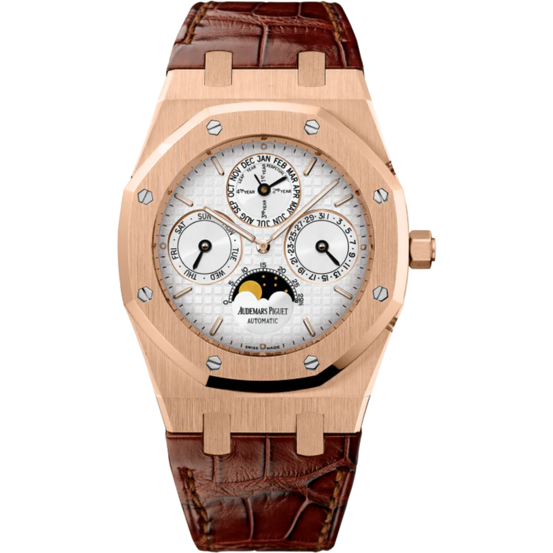 Royal Oak Perpetual Calendar 39MM Brown Alligator Strap Silver-Toned Dial With Grande Tapisserie Pattern 18-Carat Pink Gold Case - Audemars Piguet