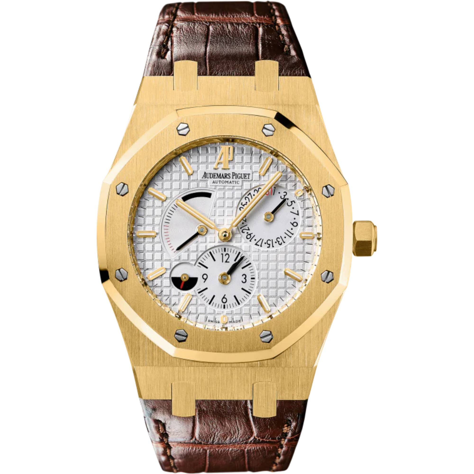 Royal Oak Dual Time 39MM Brown Crocodile Strap Silvered Dial With Grande Tapisserie Pattern 18-Carat Yellow Gold Case - Audemars Piguet