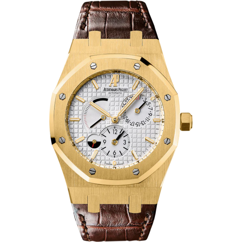 Royal Oak Dual Time 39MM Brown Crocodile Strap Silvered Dial With Grande Tapisserie Pattern 18-Carat Yellow Gold Case - Audemars Piguet