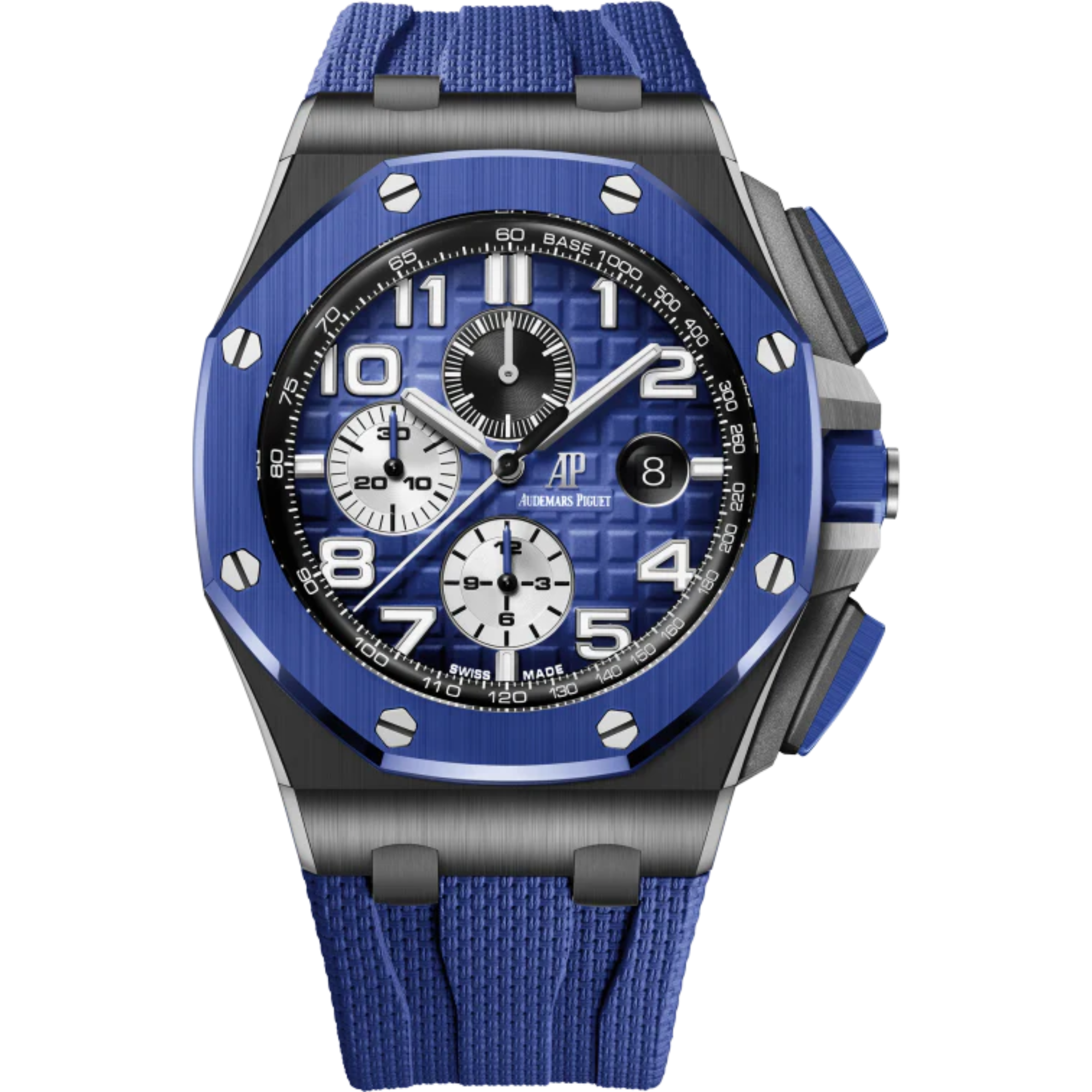 Royal Oak Offshore Selfwinding Chronograph 44MM Blue Rubber Strap With Textile Decoration Smoked Blue Dial With Mega Tapisserie Pattern Black Ceramic Case Blue Ceramic Bezel - Audemars Piguet