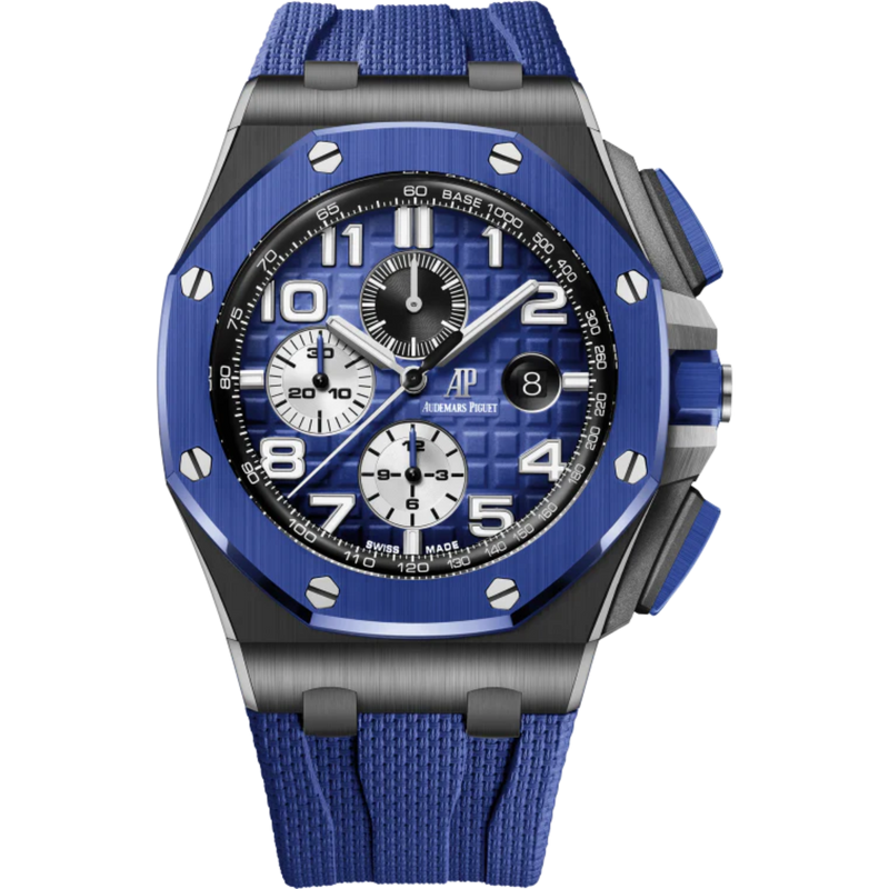 Royal Oak Offshore Selfwinding Chronograph 44MM Blue Rubber Strap With Textile Decoration Smoked Blue Dial With Mega Tapisserie Pattern Black Ceramic Case Blue Ceramic Bezel - Audemars Piguet