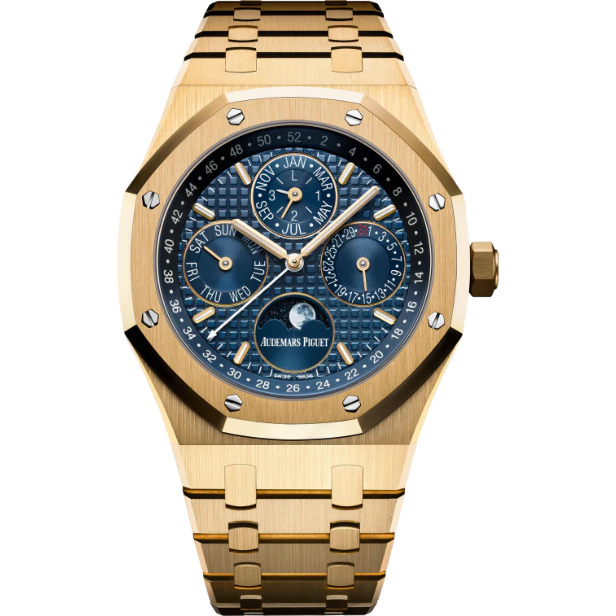 Royal Oak Perpetual Calendar 41MM 18-Carat Yellow Gold Bracelet Blue Dial With Grande Tapisserie Pattern 18-Carat Yellow Gold Case - Audemars Piguet