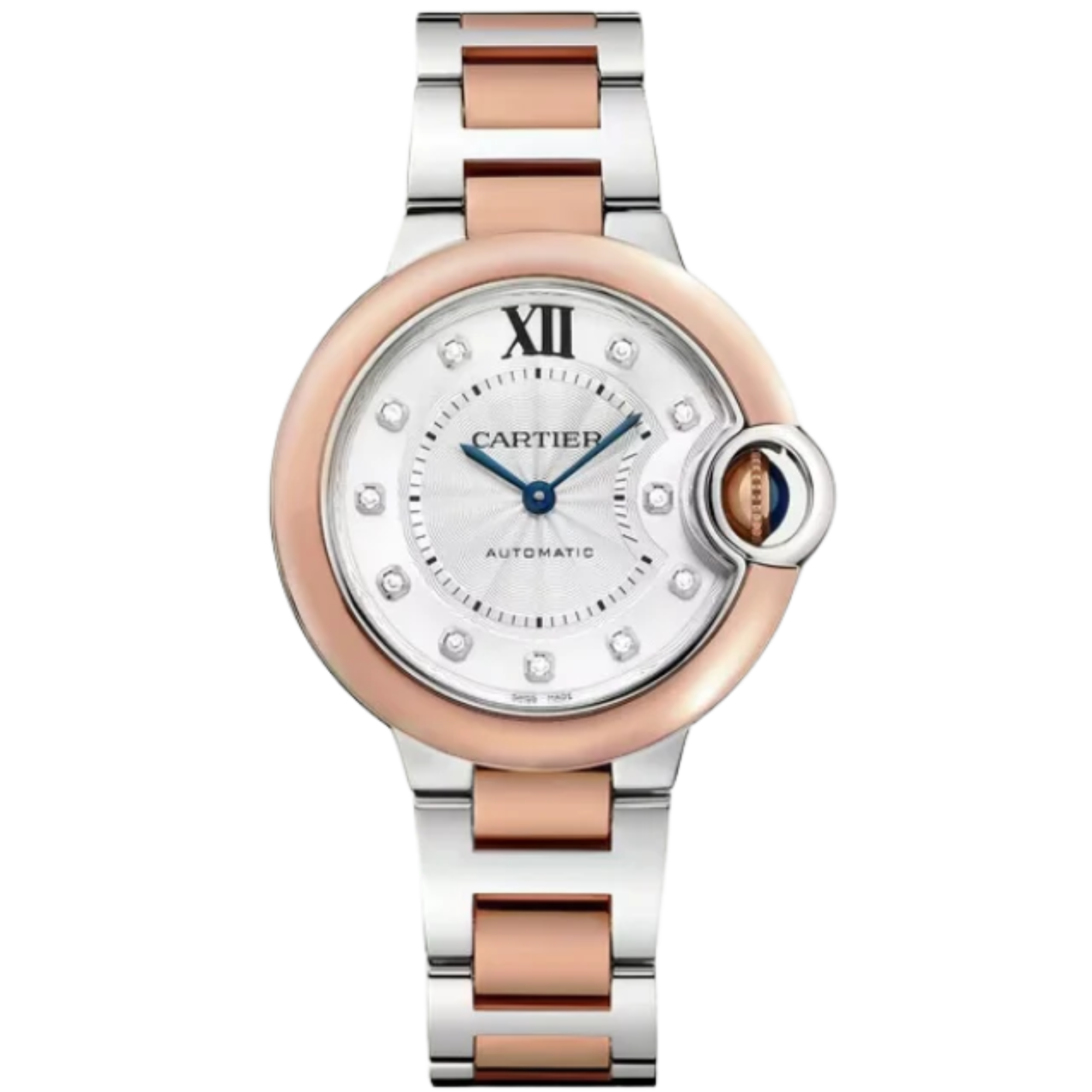 BALLON BLEU DE CARTIER 33 MM STAINLESS STEEL WITH  ROSE GOLD BEZEL AND SILVER GUILLOCHE DIAL - Cartier