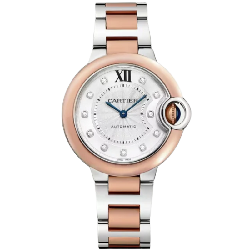BALLON BLEU DE CARTIER 33 MM STAINLESS STEEL WITH  ROSE GOLD BEZEL AND SILVER GUILLOCHE DIAL - Cartier