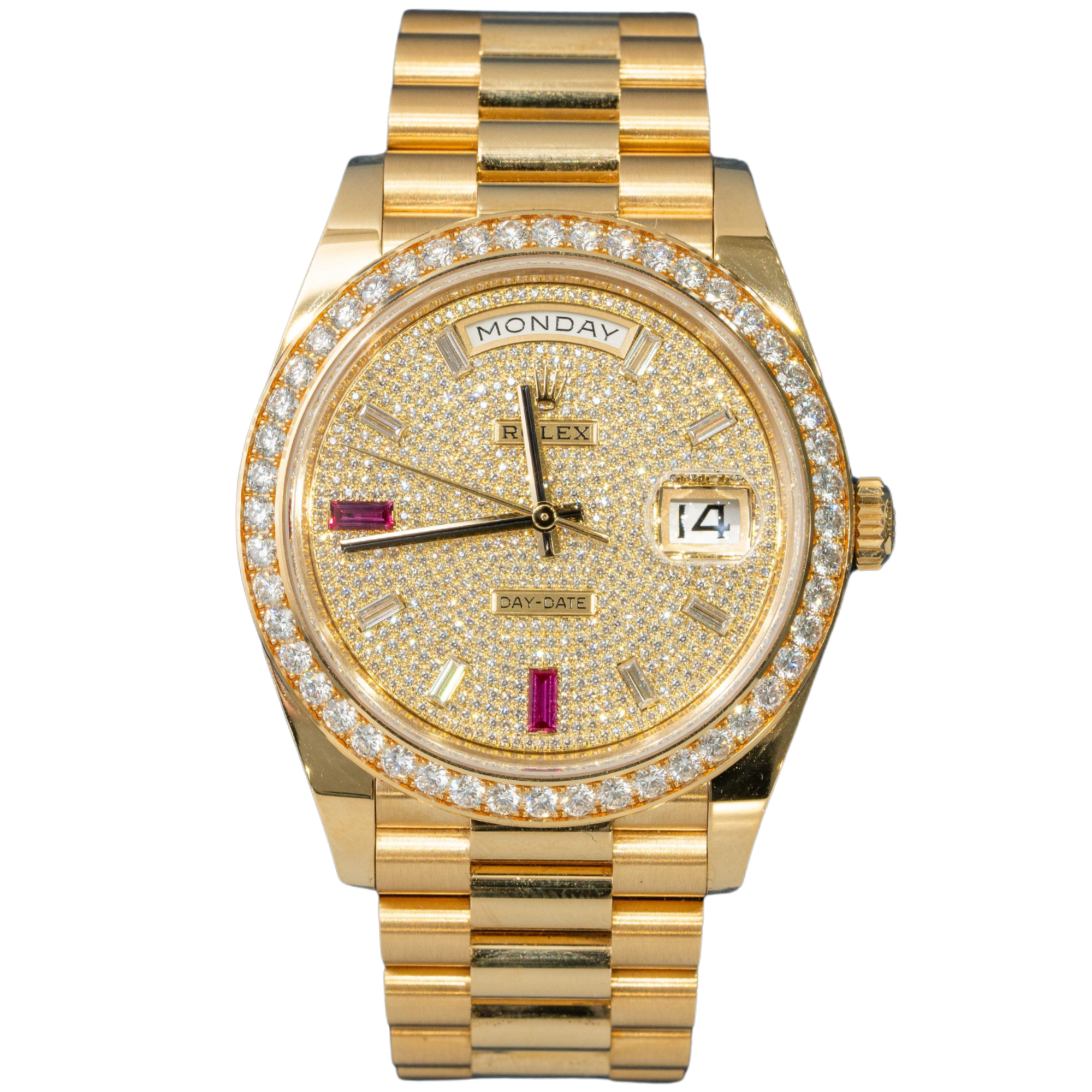 Rolex Day Date Ref. 118348RBR Yellow Gold Pave Dial Ruby Markers - Rolex
