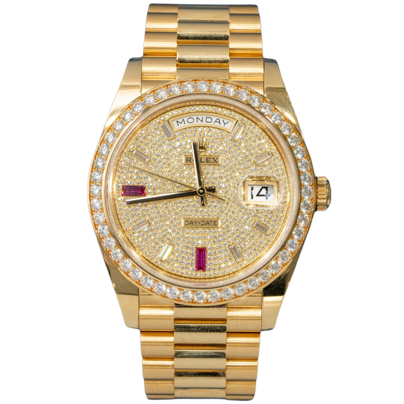 Rolex Day Date Ref. 118348RBR Yellow Gold Pave Dial Ruby Markers - Rolex