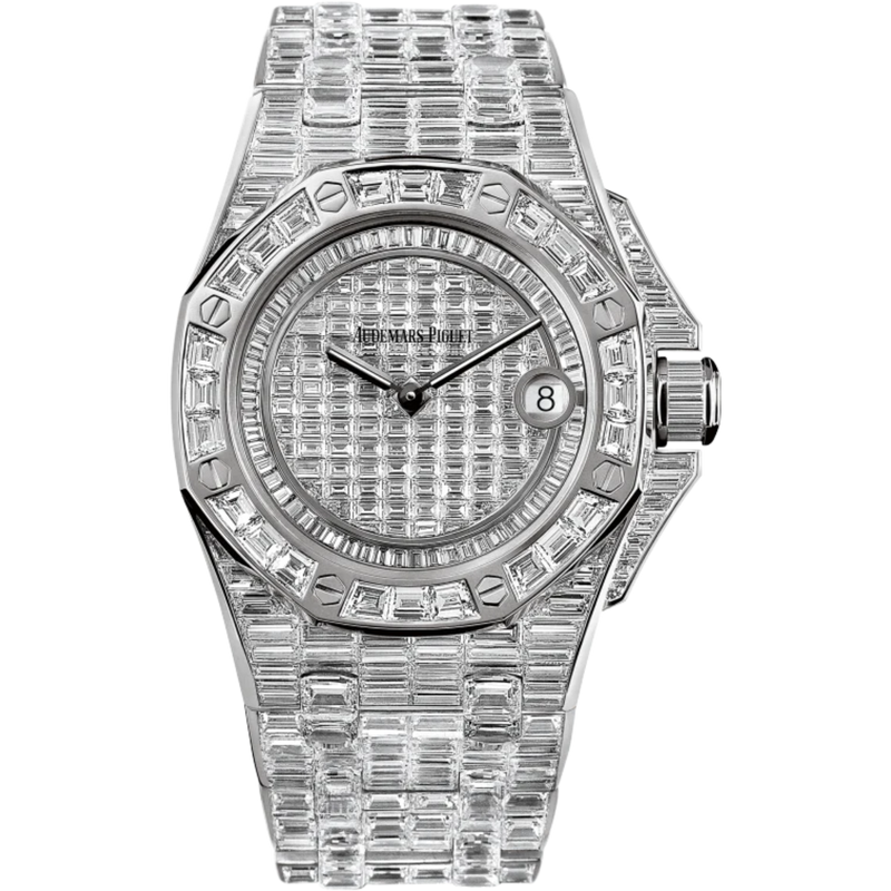 Royal Oak Offshore Quartz 37MM 18-Carat White Gold Bracelet 18-Carat White Gold Dial 18-Carat White Gold Case Entirely Set With Baguette-Cut Diamonds - Audemars Piguet