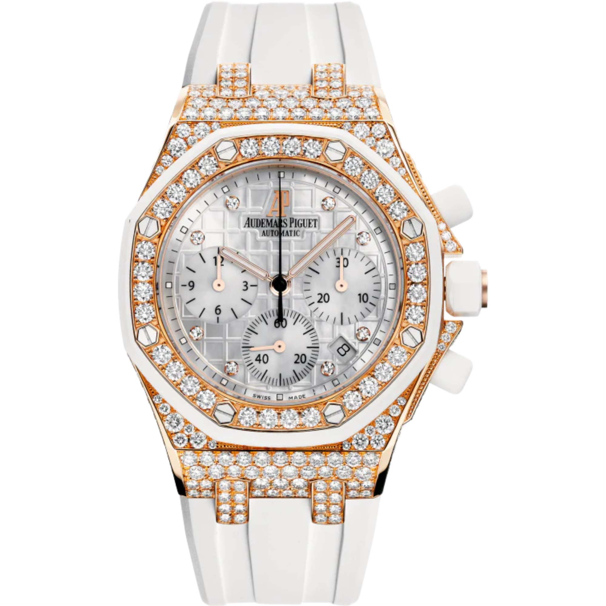 Royal Oak Offshore Chronograph 37MM White Rubber Strap Silvered Dial With Méga Tapisserie Pattern 18-Carat Pink Gold Case Entirely Set With Diamonds - Audemars Piguet